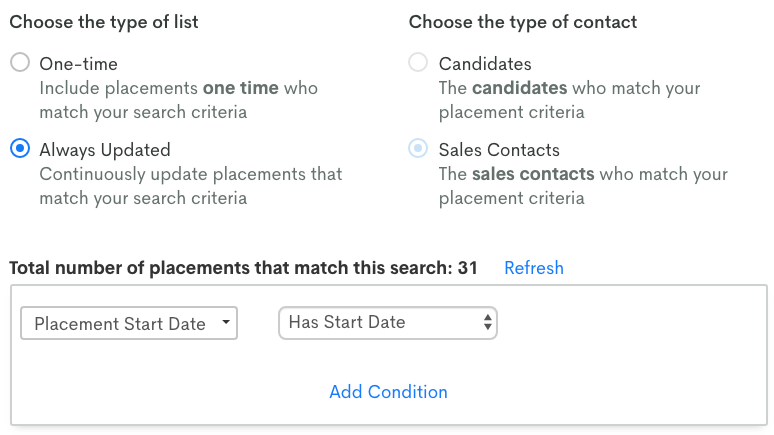 List segmentation screenshot for clients with placement
